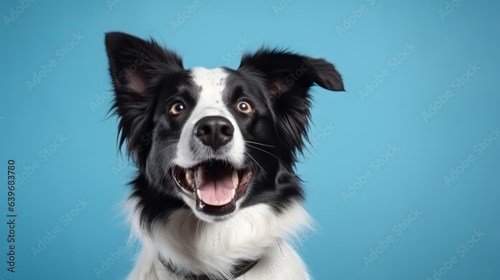 Adorable portrait of amazing healthy and happy adult black and white border collie in the photo studio on the blue background
