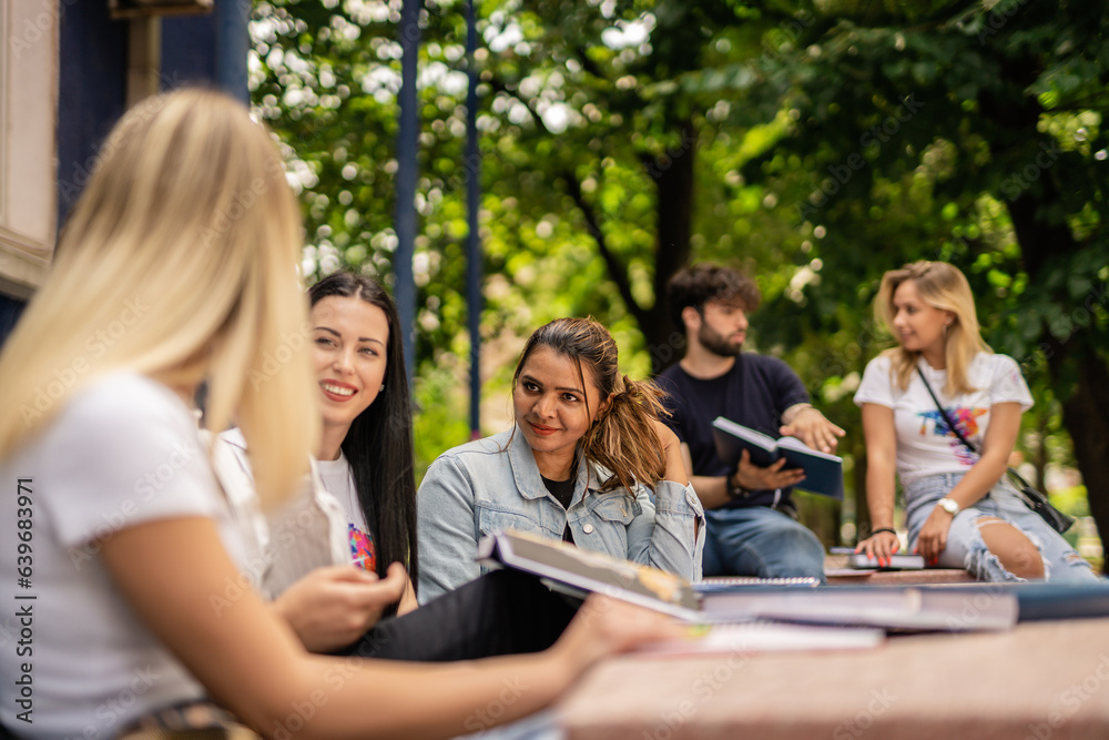 Diverse group of schoolmates sit at table, studying together, discussing college subjects, preparing for exam Diverse group of schoolmates sit at table, studying together, discussing college subjects, preparing for exam