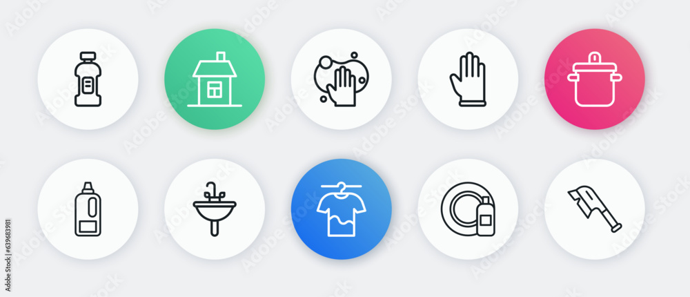 Set line Drying clothes, Cooking pot, Bottle for detergent, Dishwashing bottle and plate, Rubber gloves, Sponge, Brush cleaning and Washbasin icon. Vector Set line Drying clothes, Cooking pot, Bottle for detergent, Dishwashing bottle and plate, Rubber gloves, Sponge, Brush cleaning and Washbasin icon. Vector