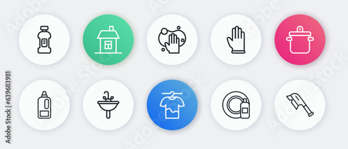 Set line Drying clothes, Cooking pot, Bottle for detergent, Dishwashing bottle and plate, Rubber gloves, Sponge, Brush cleaning and Washbasin icon. Vector
