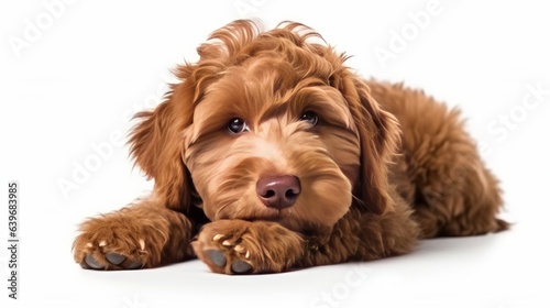 Adorable red / abricot Labradoodle dog puppy, laying down side ways, looking towards camera with shiny dark eyes. Isolated on white background. Mouth open showing pink tongue