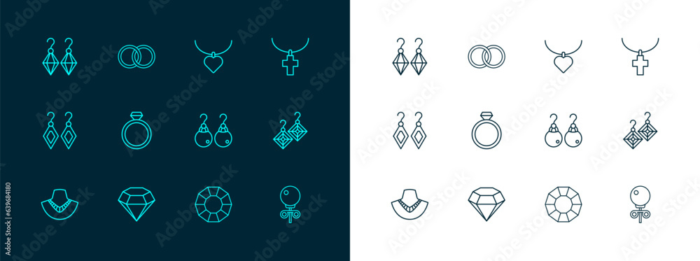 Set line Christian cross on chain, Diamond, Earrings, engagement, Necklace with heart shaped, and Wedding icon. Vector