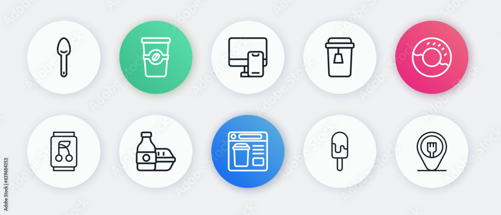 Set line Online ordering food, Donut, Soda can, Ice cream, Cup of tea, Cafe and restaurant location and icon. Vector