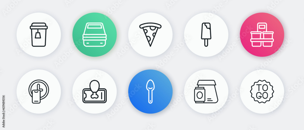 Set line Spoon, Coffee cup to go, Round the clock delivery, Online ordering food, Ice cream, Slice pizza, and Food mobile icon. Vector Set line Spoon, Coffee cup to go, Round the clock delivery, Online ordering food, Ice cream, Slice pizza, and Food mobile icon. Vector