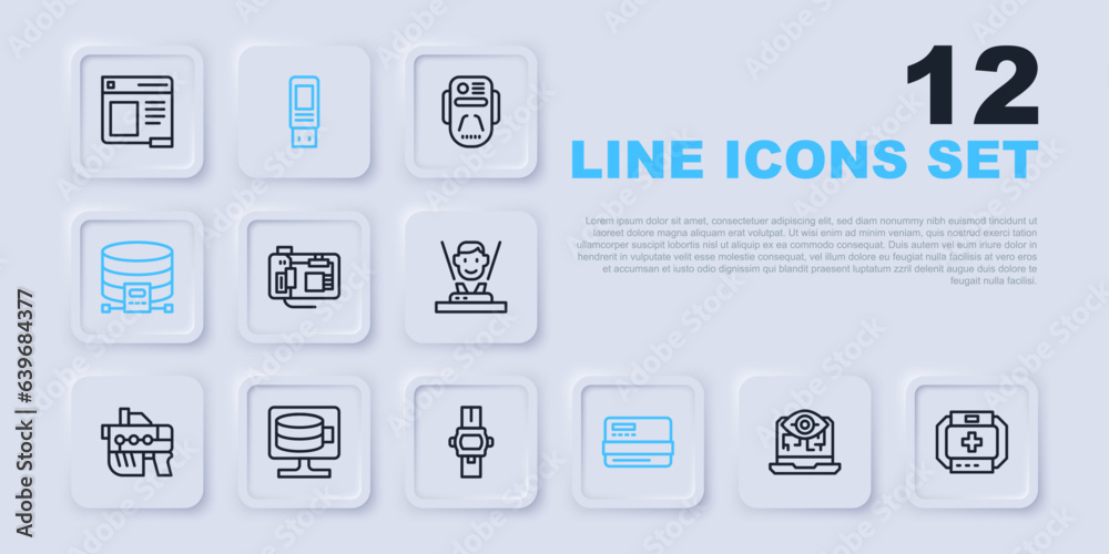 Set line Computer vision, First aid kit, Motherboard, Credit card, Cloud database, USB flash drive and Wrist watch icon. Vector