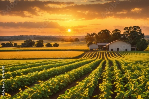soybean plantation during sunset, with the vibrant colors of the setting sun casting a golden glow over the fields, highlighting the lush green soybean plants	
