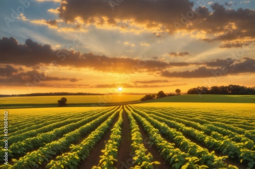 soybean plantation during sunset, with the vibrant colors of the setting sun casting a golden glow over the fields, highlighting the lush green soybean plants 