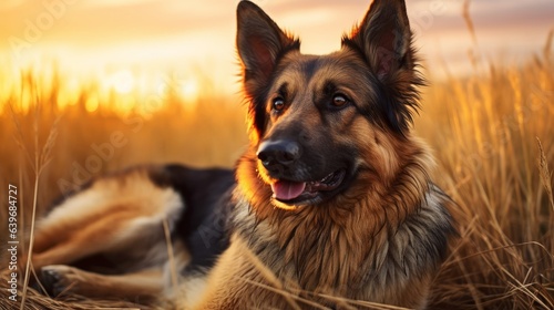 Amazing portrait of young crossbreed dog (german shepherd) during sunset in grass © Elchin Abilov