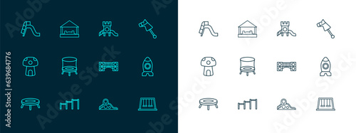 Set line Toy horse, Sport horizontal bar, Playground kids bridge, Slide playground, Jumping trampoline, and Sandbox with sand icon. Vector