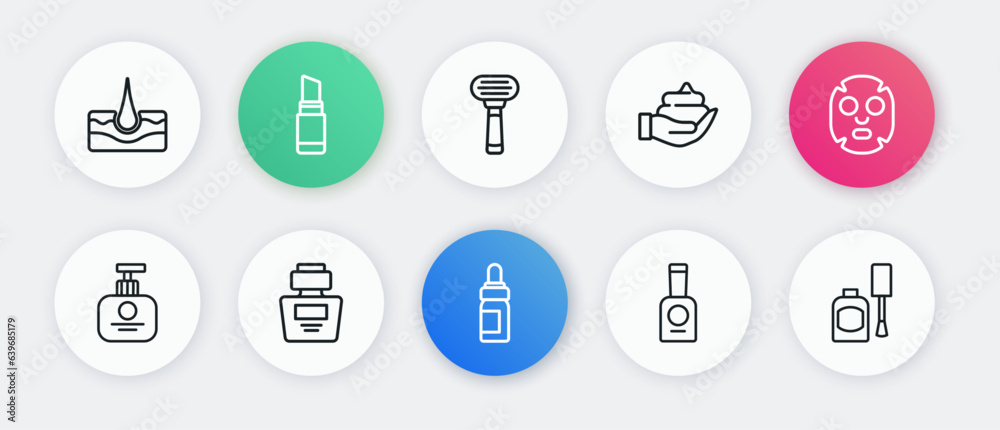 Set line Essential oil bottle, Facial cosmetic mask, Tube of hand cream, Bottle nail polish, Shaving foam on, razor, and Perfume icon. Vector Set line Essential oil bottle, Facial cosmetic mask, Tube of hand cream, Bottle nail polish, Shaving foam on, razor, and Perfume icon. Vector