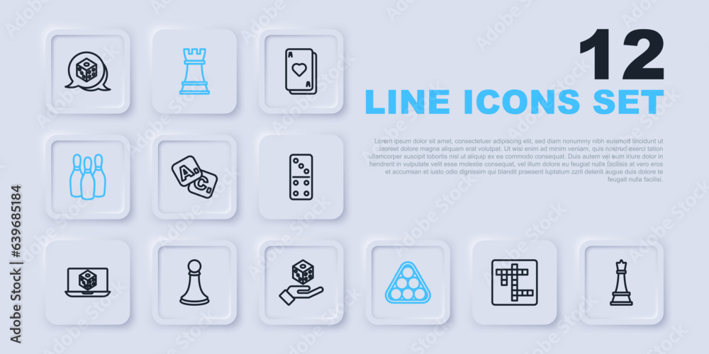 Set line Crossword, Chess, Bingo, Billiard balls triangle, Bowling pin, pawn, and Game dice icon. Vector Set line Crossword, Chess, Bingo, Billiard balls triangle, Bowling pin, pawn, and Game dice icon. Vector