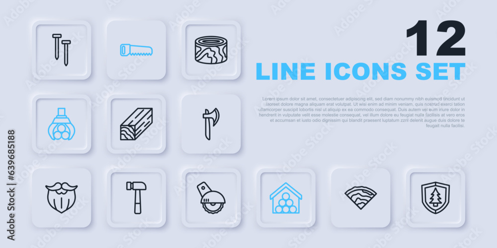 Set line Wooden beam, Shield with tree, logs, Grapple crane grabbed, Hammer, Hand saw and Electric circular icon. Vector Set line Wooden beam, Shield with tree, logs, Grapple crane grabbed, Hammer, Hand saw and Electric circular icon. Vector