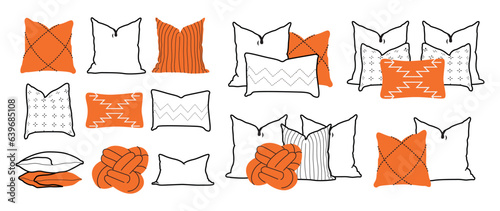 Cosy decorative cushions designs. Pillows set for interior decor comfortable rest. Modern comfy ornamental soft pads for sofa. Colored flat minimalist vector illustrations isolated on white background