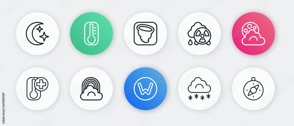 Set line Compass north, Cloud with moon, Thermometer, snow, Acid rain radioactive cloud, Tornado, and Rainbow icon. Vector
