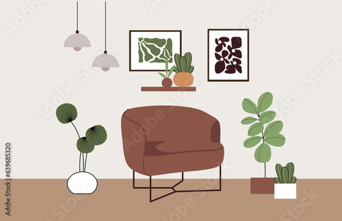 Modern living room with furniture and decor. Cozy apartment furnished with chair and shelve. Trendy contemporary home interior design with house plants, pictures and window. Flat vector illustration