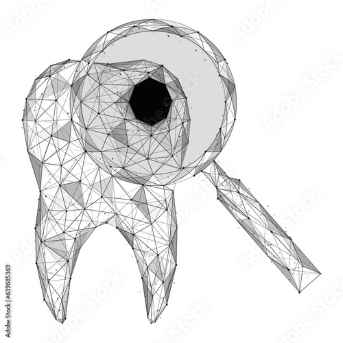 Detection of dental caries, a tooth under a magnifying glass. Low-poly design of interconnected lines and dots. White background.