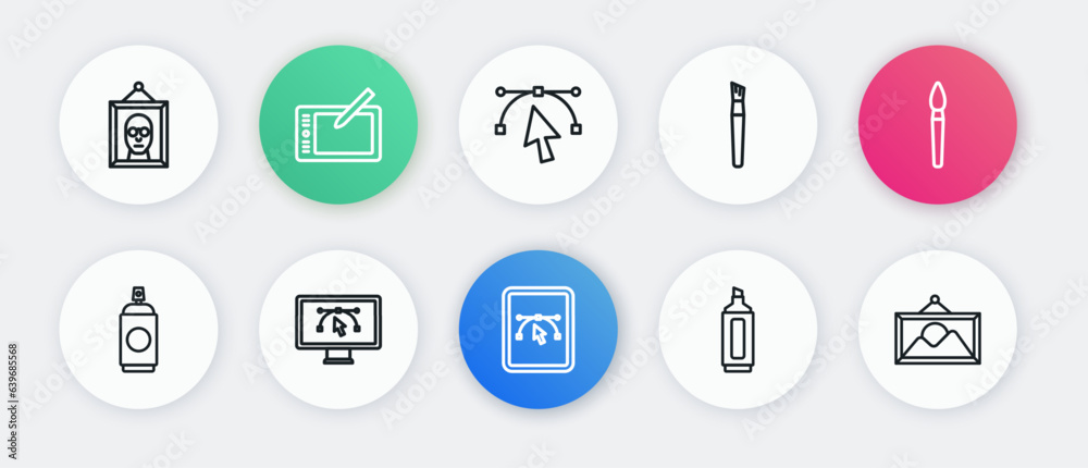 Set line Computer with design program, Paint brush, spray can, Marker pen, Bezier curve, Picture landscape and icon. Vector Set line Computer with design program, Paint brush, spray can, Marker pen, Bezier curve, Picture landscape and icon. Vector