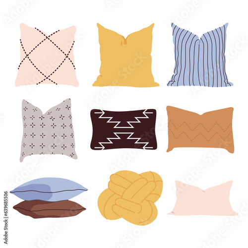 Cosy decorative cushions designs. Pillows set for interior decor, comfortable rest. Modern comfy ornamental soft pads for sofa. Colored flat graphic vector illustrations isolated on white background