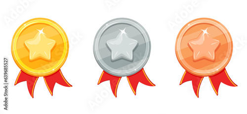 Gold, silver and bronze medal. Awards with star and red ribbons. Trophy of winner