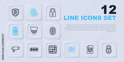 Set line Contract with shield, Lock, Fire sprinkler system, Eye scan, Mobile fingerprint scanner, Password protection, Cancelled and Graphic password icon. Vector