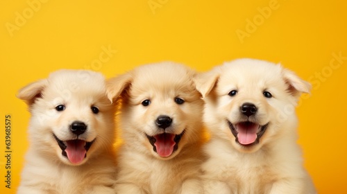 Banner three happy puppy dogs smiling on isolated yellow background