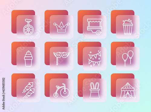 Set line Popcorn in cardboard box, Vintage bicycle, Carnival garland with flags, Magician hat rabbit ears, Festive mask, Fast street food cart, Unicycle and Jester bells icon. Vector