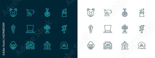 Set line Magician hat, Casino win, Attraction carousel, Cylinder, Unicycle, Bear head and Cannon icon. Vector