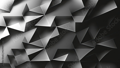 Black white abstract background. Geometric shape. Lines, triangles. 3d effect. Light, glow.