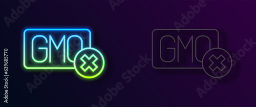 Glowing neon line No GMO icon isolated on black background. Genetically modified organism acronym. Dna food modification. Vector