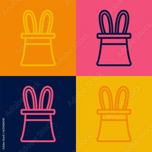 Pop art line Magician hat and rabbit ears icon isolated on color background. Magic trick. Mystery entertainment concept. Vector