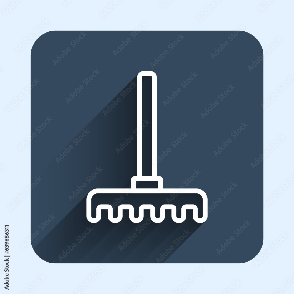 White line Garden rake icon isolated with long shadow background. Tool for horticulture, agriculture, farming. Ground cultivator. Housekeeping equipment. Blue square button. Vector White line Garden rake icon isolated with long shadow background. Tool for horticulture, agriculture, farming. Ground cultivator. Housekeeping equipment. Blue square button. Vector