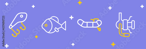 Set line Spinning reel for fishing, Inflatable boat with motor, Fish and Fishing lure icon. Vector