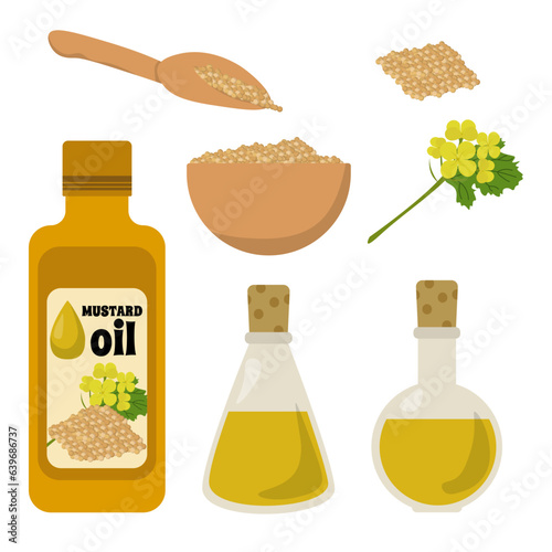 Set of mustard oil in a bottle and other containers, flowers and grains of fragrant spice