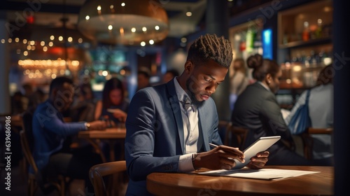 Black man working on tablet and computer for online research