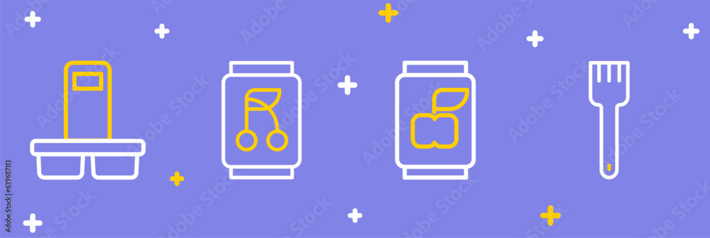Set line Fork, Soda can, and Coffee cup to go icon. Vector Set line Fork, Soda can, and Coffee cup to go icon. Vector