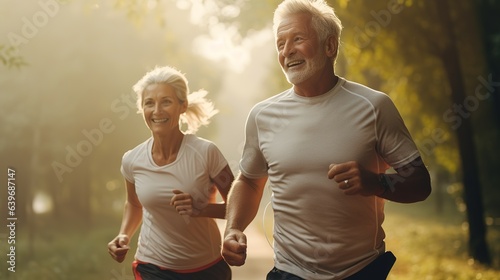 Active elderly couple on a sports run smiling