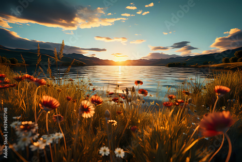 sunset landscape with flowers in the foreground and a body of water with hills behind