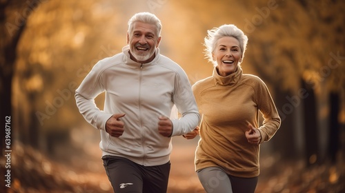 Active elderly couple on a sports run smiling