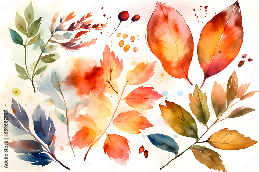 Autumn colors, colorful watercolor on white background paper. Created with generative AI