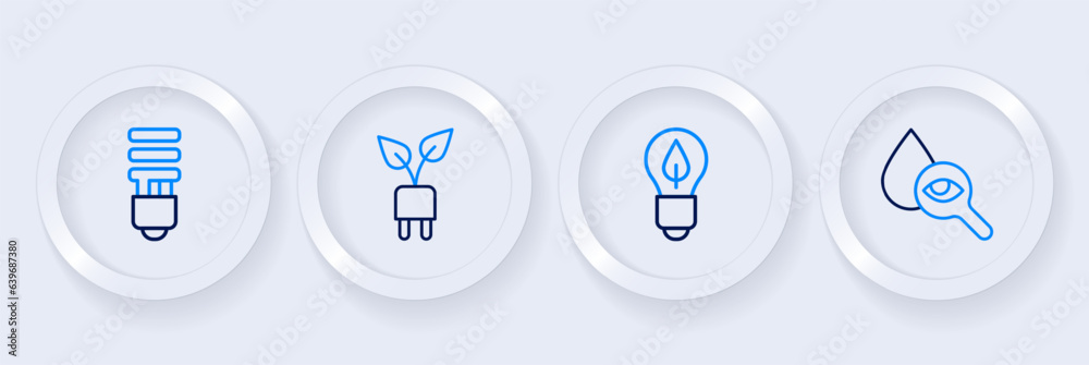 Set line Drop and magnifying glass, Light bulb with leaf, Electric saving plug and LED light icon. Vector Set line Drop and magnifying glass, Light bulb with leaf, Electric saving plug and LED light icon. Vector