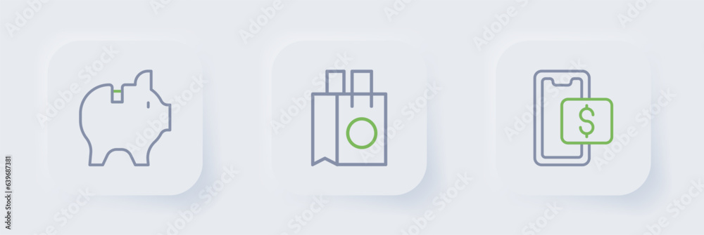 Set line Mobile shopping, Paper bag and Piggy bank icon. Vector