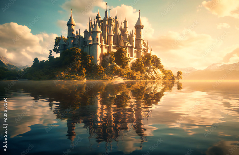 Bathed in a mystical ambiance, a water-surrounded castle in a fantasy world evokes wonder, where reality and imagination meld.
