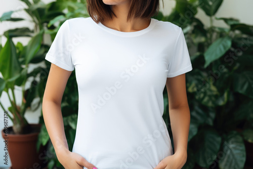 Mockup. Close up of young woman in blank white tshirt. Mock up template for t-shirt design print