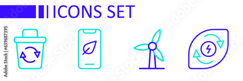 Set line Water energy, Wind turbine, Mobile phone with leaf and Recycle icon. Vector