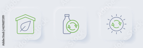 Set line Solar energy panel, Recycling plastic bottle and Eco friendly house icon. Vector