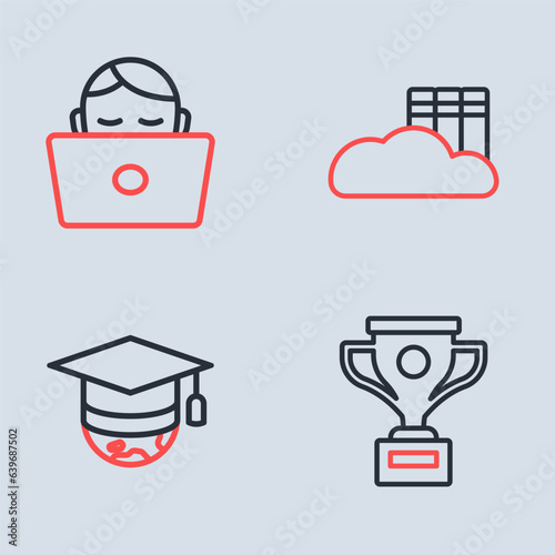 Set line Cloud or online library, Graduation cap globe, Award cup and Student working laptop icon. Vector