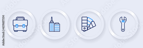 Set line Adjustable wrench, Color palette guide, City landscape and Toolbox icon. Vector