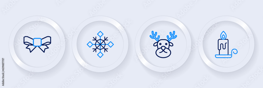 Set line Burning candle, Reindeer, Snowflake and Gift bow icon. Vector Set line Burning candle, Reindeer, Snowflake and Gift bow icon. Vector