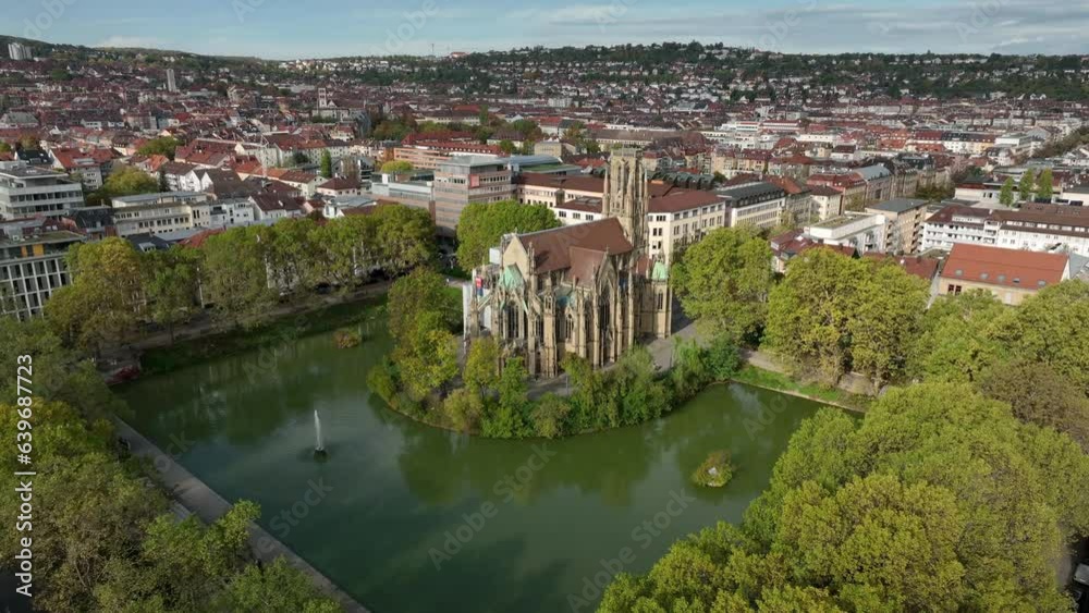 sunny day famous stuttgart city cathedral exterior park pond aerial panorama 4k germany sunny day famous stuttgart city cathedral exterior park pond aerial panorama 4k germany