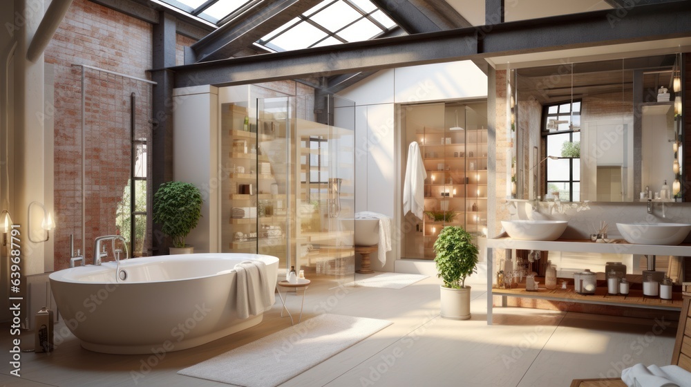 Loft interior design of bathroom, generative ai